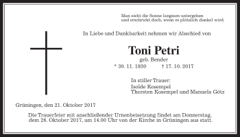 Traueranzeige von Toni Petri von Giessener Allgemeine, Alsfelder Allgemeine