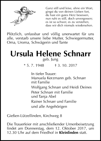 Traueranzeige von Ursula Helene Schnarr von Giessener Allgemeine, Alsfelder Allgemeine