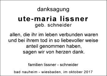 Traueranzeige von Ute-Maria Lissner von Wetterauer Zeitung, Wetterauer Zeitung