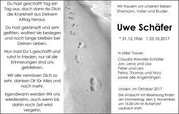 Traueranzeige von Uwe Schäfer von Giessener Allgemeine, Alsfelder Allgemeine