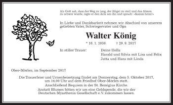 Traueranzeige von Walter König von Wetterauer Zeitung, Wetterauer Zeitung