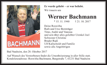 Traueranzeige von Werner Bachmann von Wetterauer Zeitung, Wetterauer Zeitung