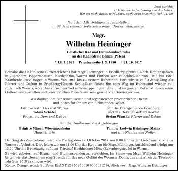 Traueranzeige von Wilhelm Heininger von Wetterauer Zeitung, Wetterauer Zeitung
