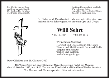 Traueranzeige von Wilhelm Sehrt von Alsfelder Allgemeine