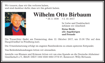 Traueranzeige von Wilhelm Otto Birbaum von Wetterauer Zeitung, Wetterauer Zeitung