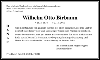 Traueranzeige von Wilhelm Otto Birbaum von Wetterauer Zeitung, Wetterauer Zeitung