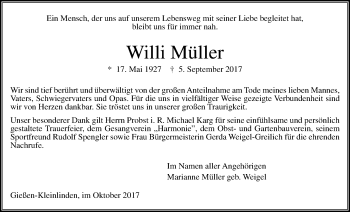 Traueranzeige von Willi Müller von Giessener Allgemeine, Alsfelder Allgemeine
