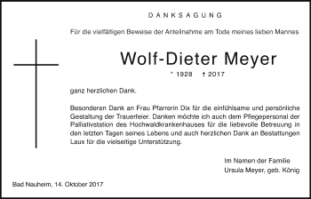 Traueranzeige von Wolf-Dieter Meyer von Wetterauer Zeitung, Wetterauer Zeitung