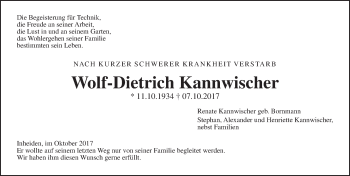 Traueranzeige von Wolf-Dietrich Kannwischer von Giessener Allgemeine, Alsfelder Allgemeine