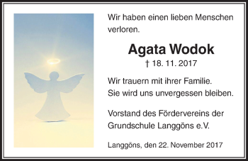 Traueranzeige von Agata Wodok von Giessener Allgemeine, Alsfelder Allgemeine
