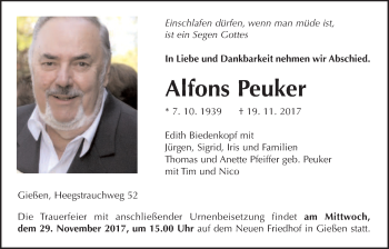 Traueranzeige von Alfons Peuker von Giessener Allgemeine, Alsfelder Allgemeine