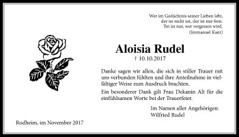 Traueranzeige von Aloisia Rudel von Licher Wochenblatt, Licher Wochenblatt, Licher Wochenblatt
