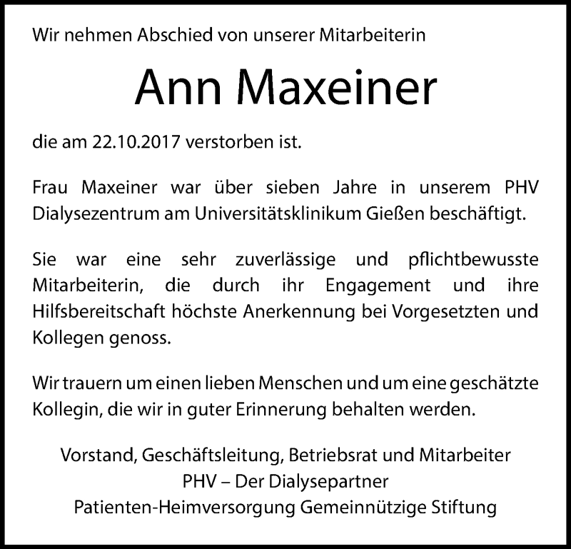  Traueranzeige für Ann Maxeiner vom 25.11.2017 aus Giessener Allgemeine, Alsfelder Allgemeine