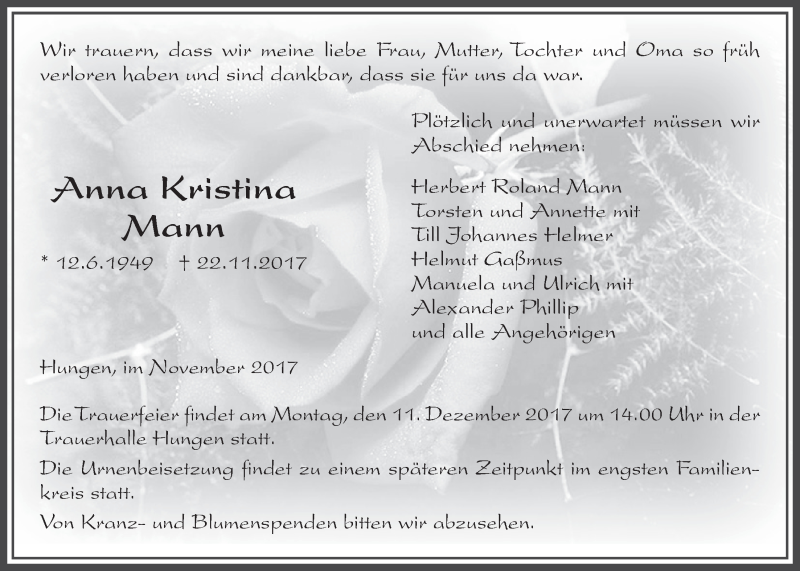  Traueranzeige für Anna Kristina Mann vom 30.11.2017 aus Licher Wochenblatt, Licher Wochenblatt, Licher Wochenblatt
