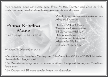 Traueranzeige von Anna Kristina Mann von Licher Wochenblatt, Licher Wochenblatt, Licher Wochenblatt