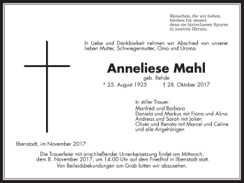 Traueranzeige von Anneliese Mahl von Wetterauer Zeitung, Wetterauer Zeitung