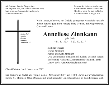 Traueranzeige von Anneliese Zinnkann von Alsfelder Allgemeine