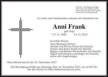Traueranzeige von Anni Frank von Alsfelder Allgemeine