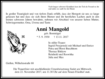 Traueranzeige von Anni Mangold von Giessener Allgemeine, Alsfelder Allgemeine