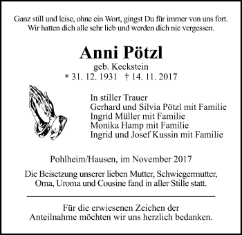 Traueranzeige von Anni Pötzl von Pohlheimer Nachrichten