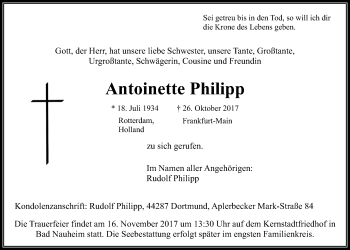 Traueranzeige von Antoinette Philipp von Wetterauer Zeitung, Wetterauer Zeitung