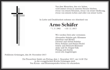 Traueranzeige von Arno Schäfer von Giessener Allgemeine, Alsfelder Allgemeine