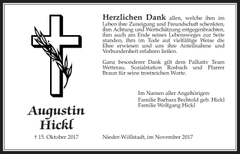 Traueranzeige von Augustin Hickl von Wetterauer Zeitung, Wetterauer Zeitung