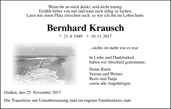 Traueranzeige von Bernhard Krausch von Giessener Allgemeine, Alsfelder Allgemeine