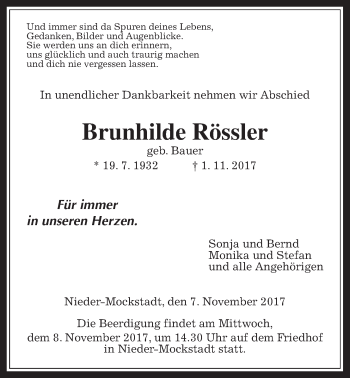 Traueranzeige von Brunhilde Rössler von Wetterauer Zeitung, Wetterauer Zeitung