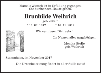 Traueranzeige von Brunhilde Weihrich von Wetterauer Zeitung, Wetterauer Zeitung