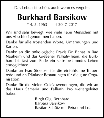 Traueranzeige von Burkhard Barsikow von Giessener Allgemeine, Alsfelder Allgemeine