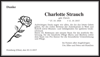 Traueranzeige von Charlotte Strauch von Alsfelder Allgemeine