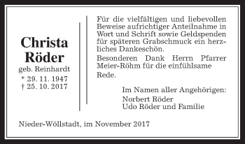 Traueranzeige von Christa Röder von Wetterauer Zeitung, Wetterauer Zeitung
