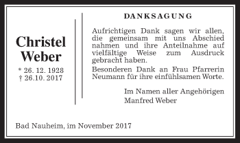 Traueranzeige von Christel Weber von Wetterauer Zeitung, Wetterauer Zeitung