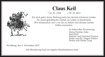 Traueranzeige von Claus Keil von Wetterauer Zeitung, Wetterauer Zeitung
