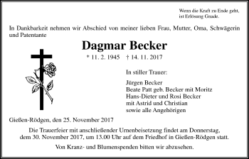 Traueranzeige von Dagmar Becker von Giessener Allgemeine, Alsfelder Allgemeine