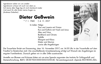 Traueranzeige von Dieter Geßwein von Giessener Allgemeine, Alsfelder Allgemeine