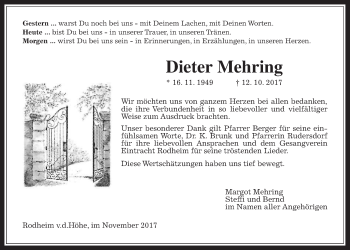 Traueranzeige von Dieter Mehring von Wetterauer Zeitung, Wetterauer Zeitung
