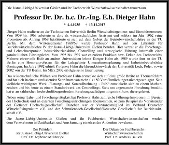 Traueranzeige von Dietger Hahn von Giessener Allgemeine, Alsfelder Allgemeine