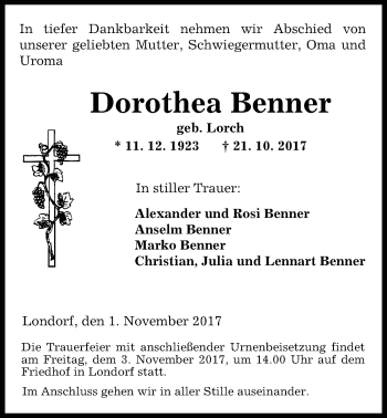 Traueranzeige von Dorothea Benner von Giessener Allgemeine, Alsfelder Allgemeine