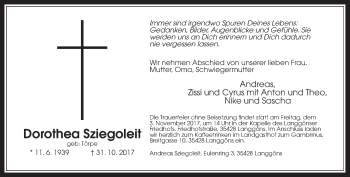 Traueranzeige von Dorothea Sziegoleit von Giessener Allgemeine, Alsfelder Allgemeine
