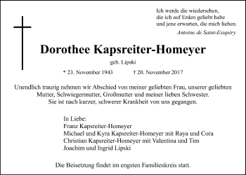 Traueranzeige von Dorothee Kapsreiter-Homeyer von Wetterauer Zeitung, Wetterauer Zeitung
