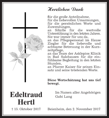 Traueranzeige von Edeltraud Hertl von Wetterauer Zeitung, Wetterauer Zeitung