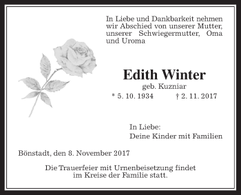 Traueranzeige von Edith Winter von Wetterauer Zeitung, Wetterauer Zeitung