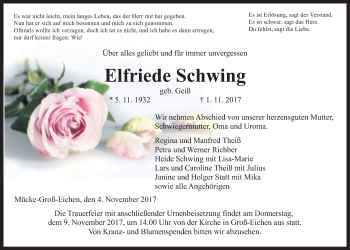 Traueranzeige von Elfriede Schwing von Giessener Allgemeine, Alsfelder Allgemeine