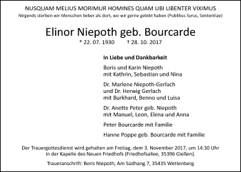 Traueranzeige von Elinor Niepoth von Giessener Allgemeine, Alsfelder Allgemeine