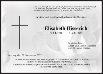 Traueranzeige von Elisabeth Hisserich von Alsfelder Allgemeine