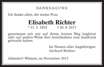 Traueranzeige von Elisabeth Richter von Allendorfer Mitteilungen