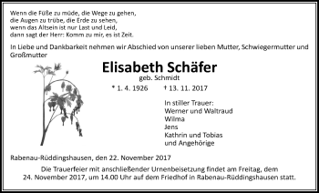 Traueranzeige von Elisabeth Schäfer von Giessener Allgemeine, Alsfelder Allgemeine