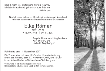 Traueranzeige von Elke Römer von Giessener Allgemeine, Alsfelder Allgemeine